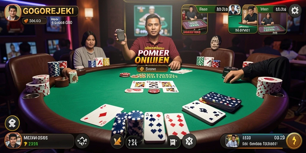 Screenshot gameplay GOGOREJEKI dengan tampilan meja poker yang menegangkan.