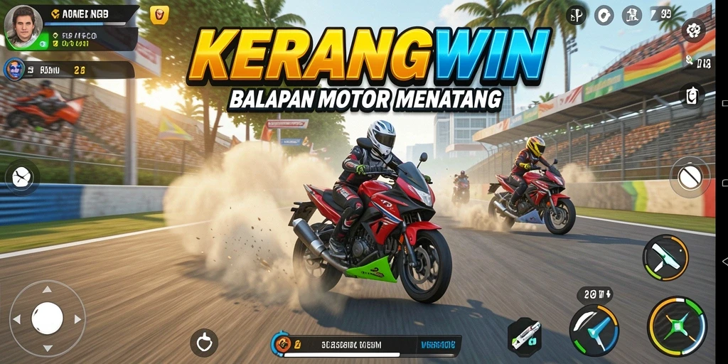 Tampilan gameplay KERANGWIN dengan motor balap yang cepat dan trek menantang.